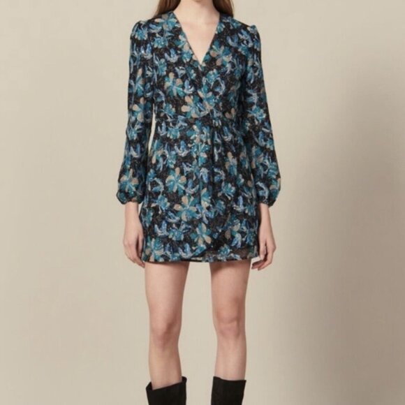 SANDRO Dress Sequins blue Flowers Sz 40 Gold - Picture 6 of 13